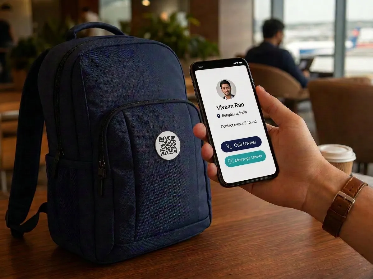 QR code sticker for lost items attached to a travel bag, shown with the ContactOwner.in contact page